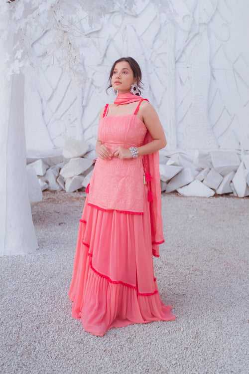 Sharmila Chikankari Kurta, Lehenga Skirt & Dupatta - Peachy Melon