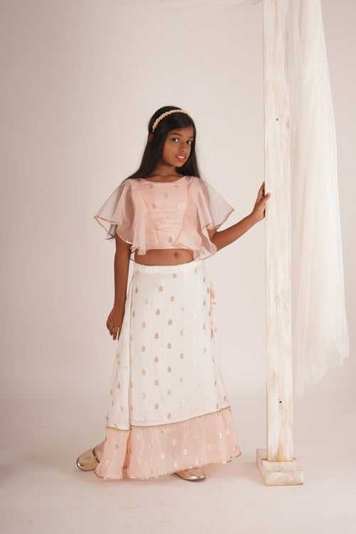 Eliza-Blouse and Lehenga set- White, Peach Pink and Rose gold