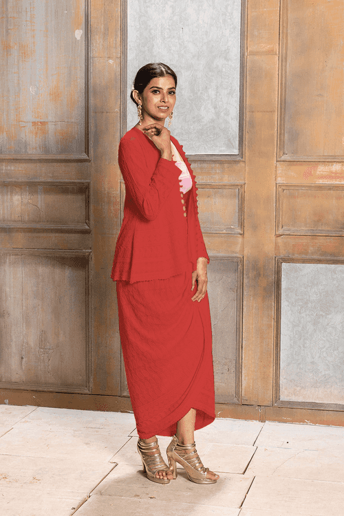 AALIYAH - EMBROIDERED JACKET & DHOTI - Red