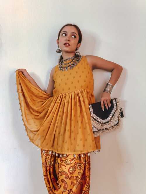 Paheli Top & Dhoti with Embroidered Belt - Turmeric Yellow