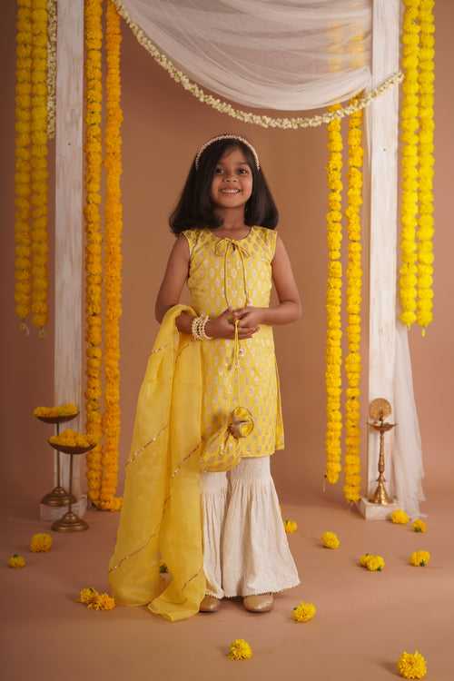 Kumudini Yellow - Kurta, Sharara and Dupatta set- Yellow and Ivory