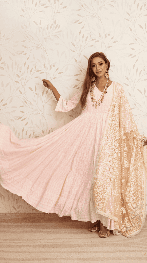 Falak - Embroidered Dress & Dupatta - Pink with embroidered dupatta