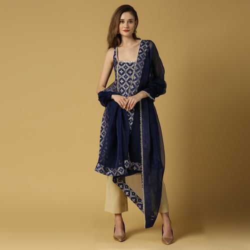 Radha-Sleeveless Kurta Set-Deep Blue