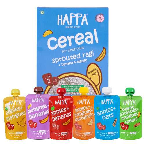 Happa Organic Puree and Cereal Combo 1 Cereal and 6 Fruit Puree (R+B+M Cereal, A+B Puree, M+B Puree, A+M Puree, A+M Multigrain Puree, A+Oats Puree, SP+M+Pear Puree)