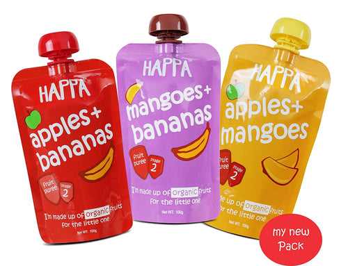 Happa Apple+Banana, Mango+Banana, Apple+Mango Fruit Puree (combo pack)(Pack of 3)