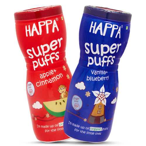 Happa Multigrain Vanilla & Blueberry, Apple & Cinnamon Melts Super Puffs (Healthy Organic Snack for Little One, 8 Months+, 1 Each) Pack of 2
