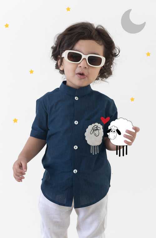 Boy Sheep Embroidered Cotton Shirt  - Blue