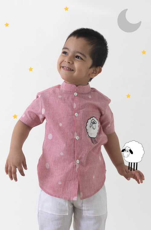 Boy Sheep Embroidered Cotton Shirt  - Pink