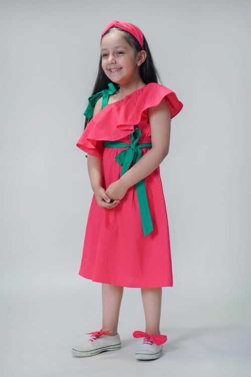 Girls Solid Ruffle Dress-Pink