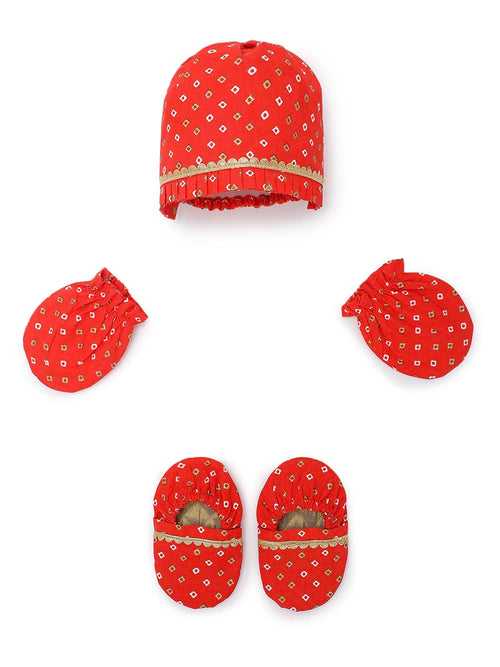 Baby Booties Mittens And Cap Set-Red