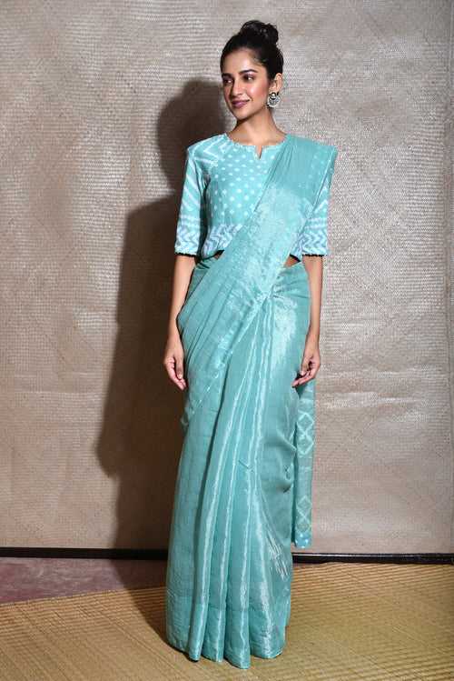 Chanderi Tissue Saree with Thread Embroidery - Sea Blue