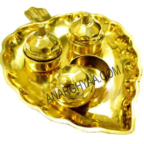 Brass Leaf Plate with 3 Kumkum container