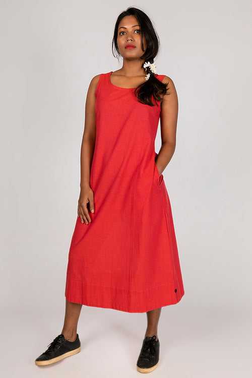 Red Organic Cotton Plain Dress - NIKITA
