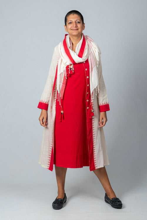 Red Temple Border Jacket with Organic Cotton Dress and Scarf Accessory - HAMSINI SET