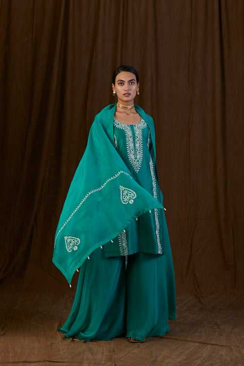 Teal Green Panel Silk Chanderi Sharara Set