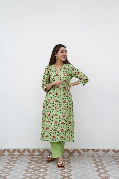 Lime Green Silk Chanderi Printed Kurta Set (Set of 2)