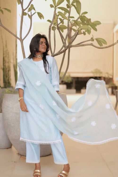 Nischita Babu in Ice Blue Boota Embroidery Kurta Set