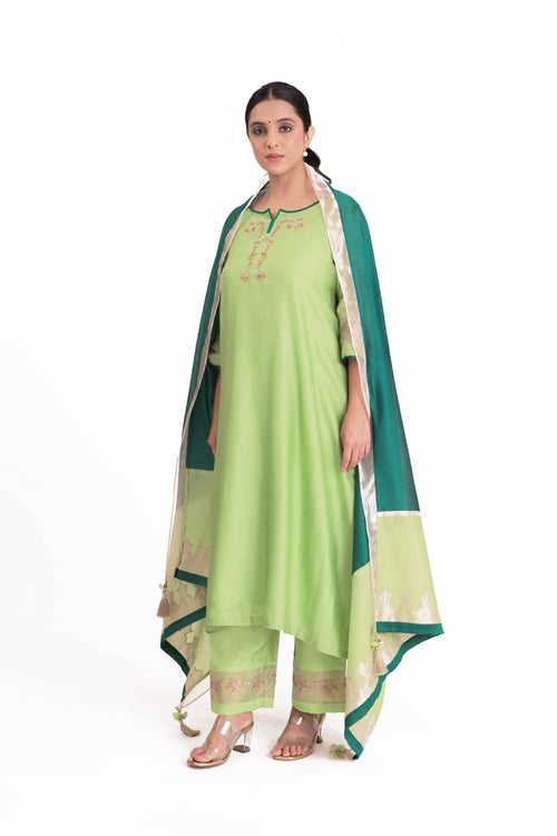 LILA - Pistachio Green - Tissue Patch work Dupatta Kurta Set