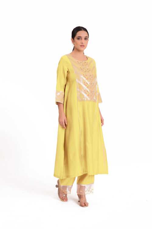 LILA - Pastel Yellow - Banarasi Yoke Kurta Set