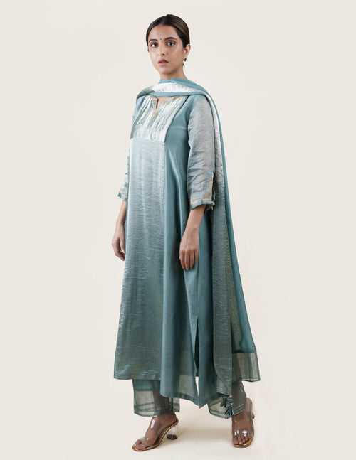 Blue Tissue Stripes/Chanderi Silk - A-line Kurta Set