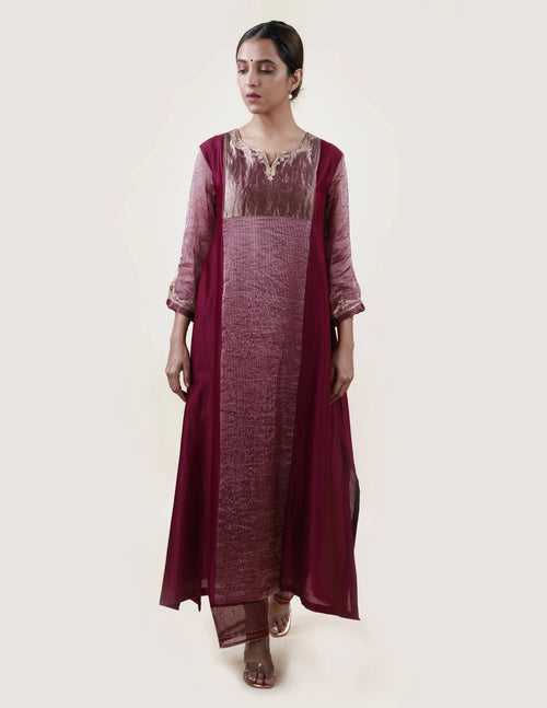 Mauve Tissue Stripes/Chanderi Silk - A-line Kurta Set