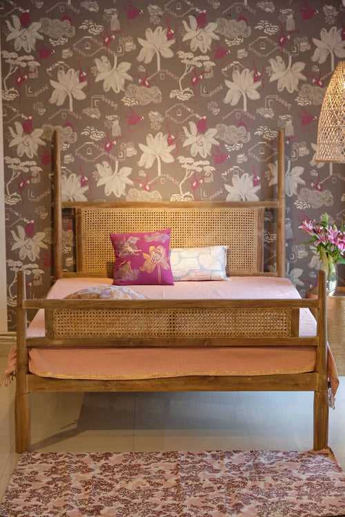 Four Poster Teak Wood And Wicker Bed