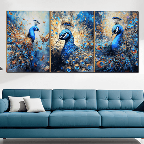Enchanting Peacock Haven Crystal Glass Painting  - Set Of 3
