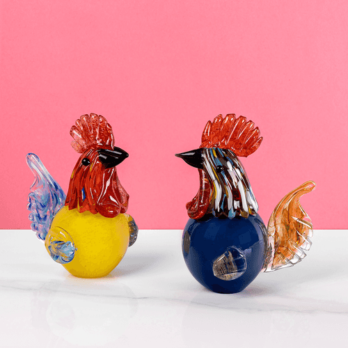 Regal Cockerel Handblown Glass Decorative Showpiece - Set of 2