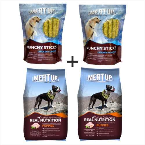 Meat Up Munchy Sticks, Chicken Flavour, Dog Treats, 700 g (Buy 1 Get 1 Free) + Meat Up Puppy Dog Food, 3 kg (Buy 1 Get 1 Free)