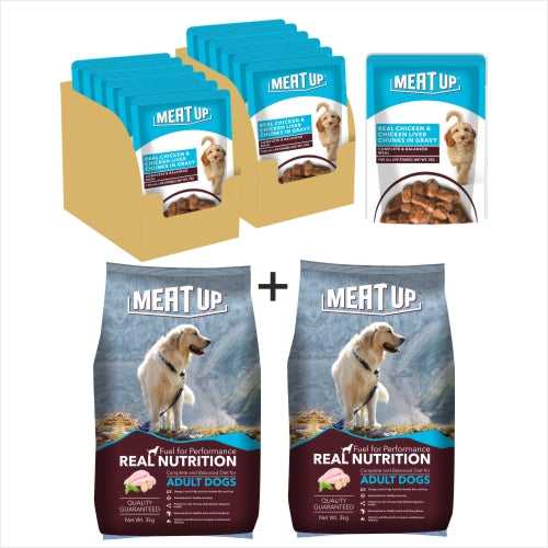 Meat Up Adult Dry Dog Food, 3 kg + Wet Dog Food, Real Chicken and Chicken Liver in Gravy, 12 Pouches x 70g (Buy 1 Get 1 Free)