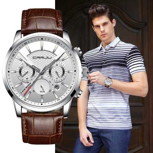 Quartz Watch CRRJU New Luxury Men Outdoor Mens Watches Sport Watches Chronograph Wristwatch Clock Leather Wrist Watch