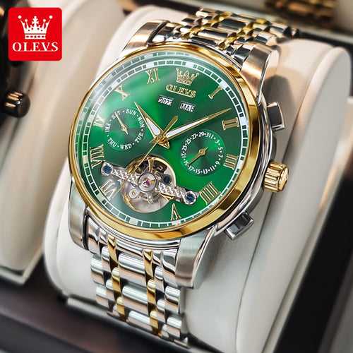 OLEVS Automatic Mechanical Men Watches Stainless Steel Waterproof Date Week Green Fashion Classic Wrist Watches Reloj Hombre