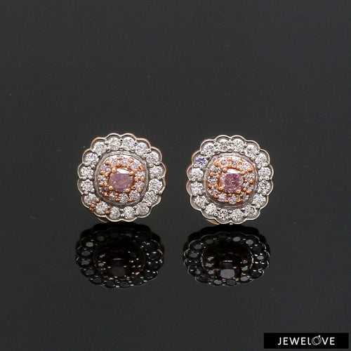 Natural Fancy Color Pink Diamond Cushion Shape Double Halo 18K Gold Earrings JL AU PD 338