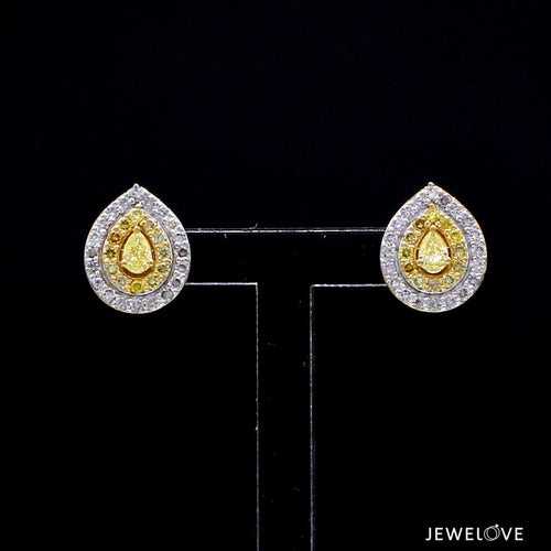 Natural Fancy Color Yellow Diamond  Pear Shape Double Halo 18K Gold Earrings JL AU E 336Y