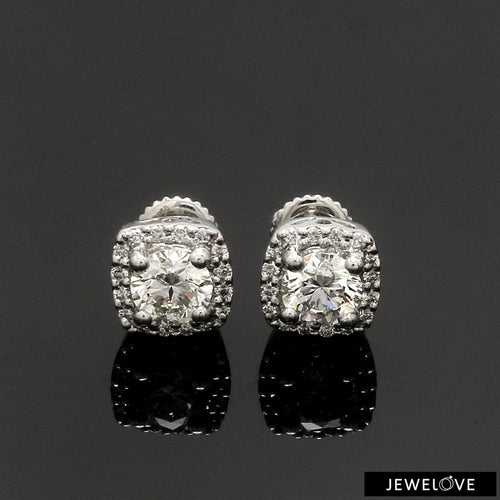 Platinum Solitaire Square Halo Earrings JL PT E 325-A