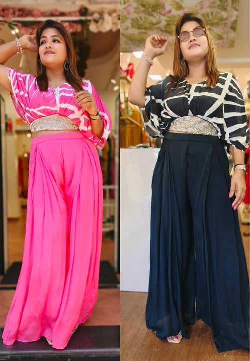 Stylish Abstract Embroidered Crape Crop Top with Chinon palazzo pant  Set of 2-04967