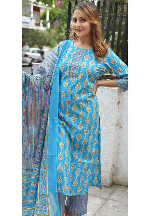 Blue Block Printed Cotton kurta with pant and cotton Dupatta