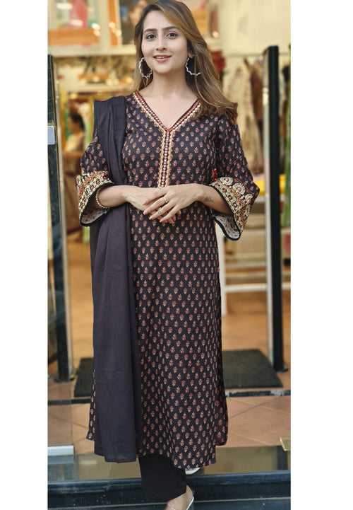 Embroidered Flare Sleeves Black Brown cotton Floral Print Full Suit Set and Dupatta-05179