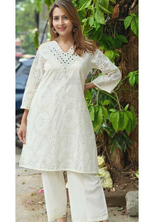 V-neck Stylish hacoba embroidery cotton foil mirror kurta with pant-04797