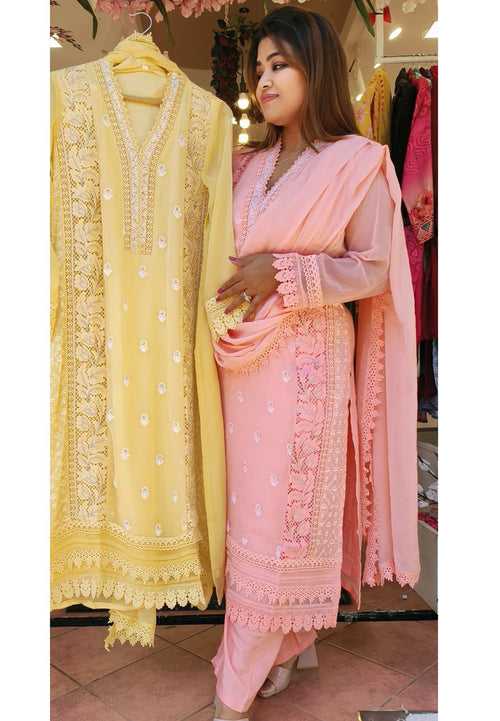 Georgette lace embroidered with lining full suit set with chiffon dupatta 04925