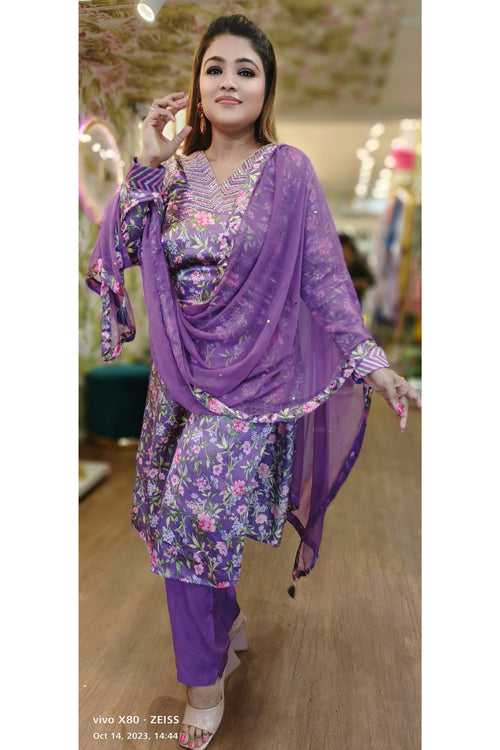V-neck embroidery gajji silk floral print full set with chiffon dupatta DRY WASH-02890}
