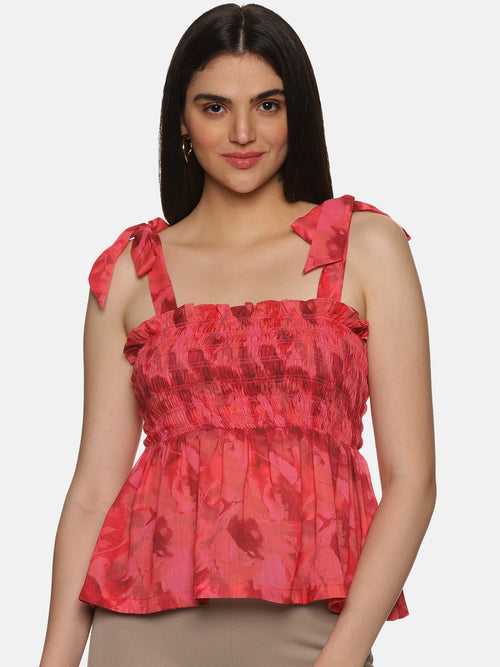 IS.U Abstract Red Tie-Up Peplum Top