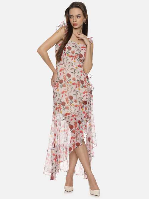 IS.U Floral Off-white High Low Dress