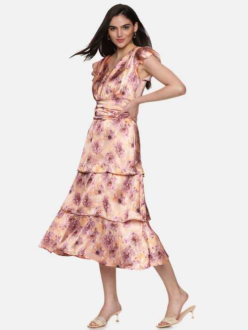 IS.U Floral Peach Three Tier Midaxi Dress