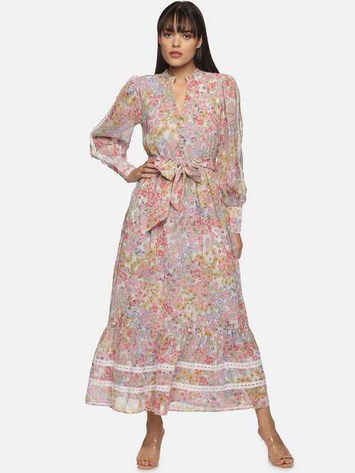 IS.U Multicolor peasant sleeve button down long dress with lace