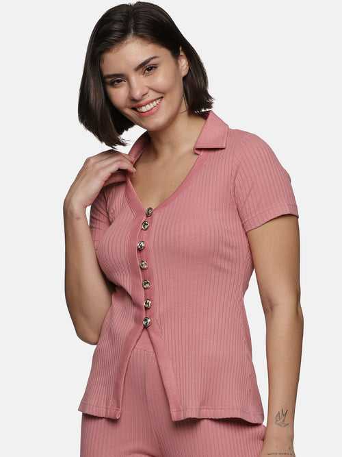 IS.U Mauveglow V-neck Button Down Rib Top