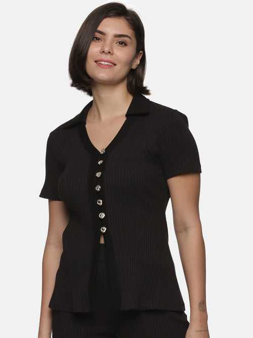 IS.U Black V-neck Collar Button Down Rib Top