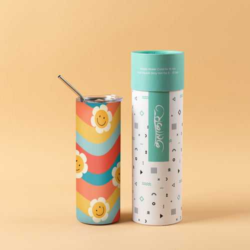 Stainless Steel Designer Water Bottle With Metal Straw ( Smiley Pattern )