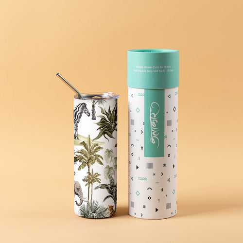 Stainless Steel Designer Water Bottle With Metal Straw ( Rainforest Zoo )