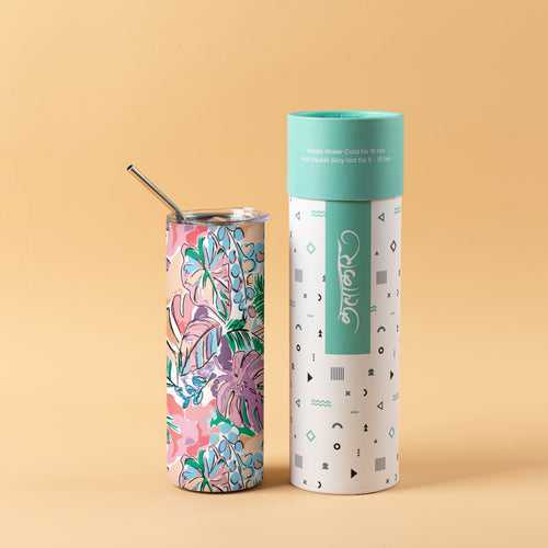 Stainless Steel Designer Water Bottle With Metal Straw ( Watercolor Flower )